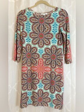 London Style Collection Floral Shift Dress Size 4 Boho Medallion 3/4 Sleeve